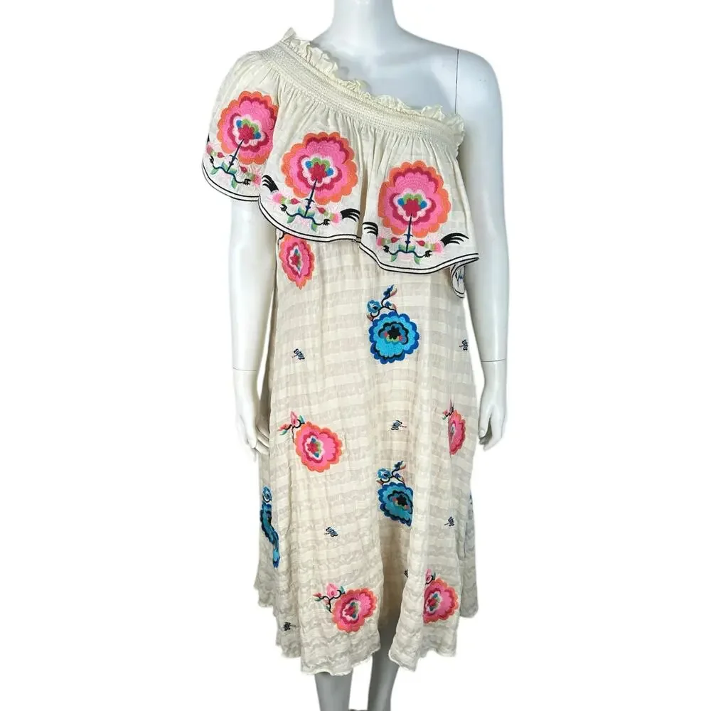 Plenty by Tracy Reese Medium Dress Embroidered One Shoulder Midi Vacation Summer